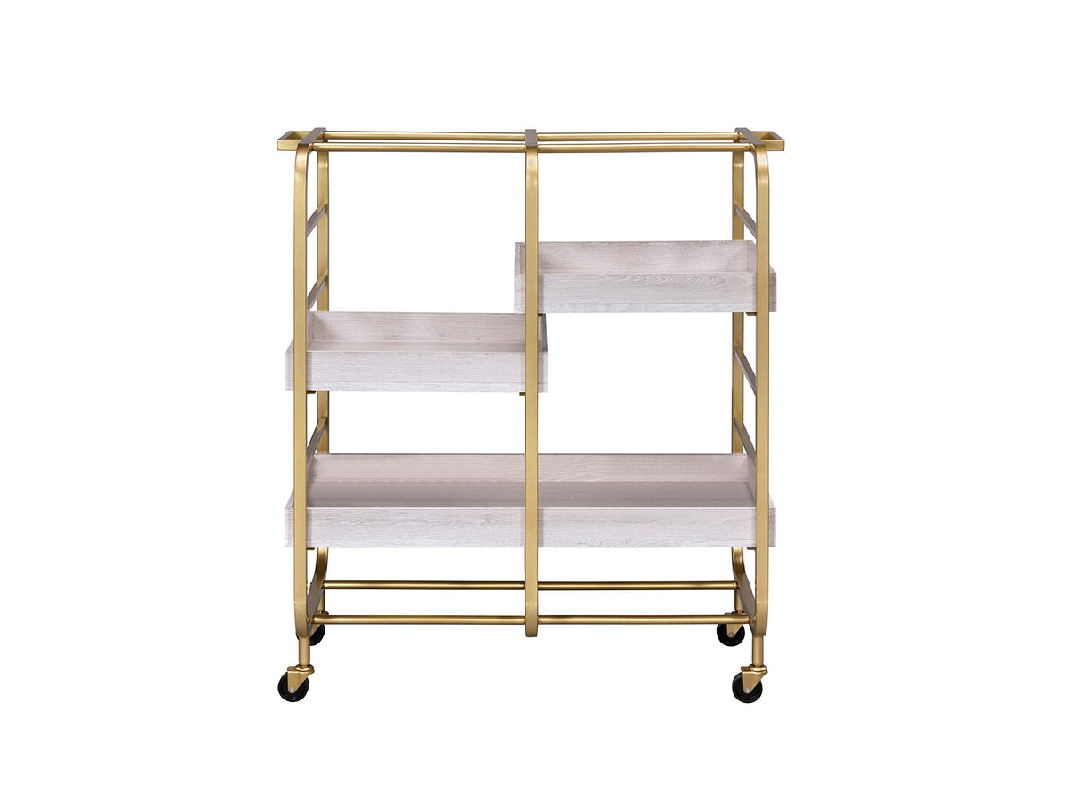 GOLGAILY 34" W x 17" D x 38" H Gold & White Washed Finish Serving Cart with 3 Open Compartments and Adjustable Trays