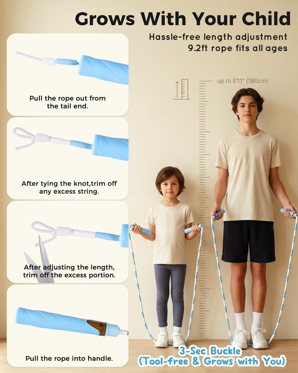YUEDONG Adjustable ULTRA-SOFT Beaded Jump Rope for Kids Beginners - Tangle-Free Skipping Rope with Marshmallow-Soft TPU Beads, Ergonomic Thumb Groove Anti-Slip Handles, Crisp Rhythmic Click Sound & Waterproof Name Tag Sticker for Safe Fun Exercise (1, PIN