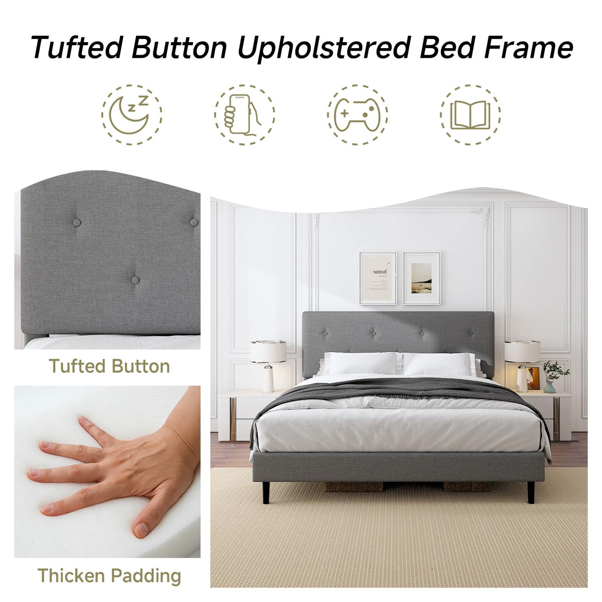Mxhtcewz King Size Linen Bed Frame, Upholstered Platform Bed Frame with Adjustable Headboard, Wooden Slats Support, No Box Spring Needed, Easy Assembly, Grey