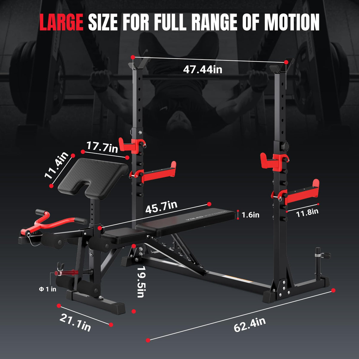 Yoleo 1980LBS Weight Bench with Rack - Bench Press Set, Leg Extension, Preacher Curl & Flat/Incline/Decline Full Body Workout Bench, Adjustable Olympic Weight Benches for Home Gym(47.44IN WIDE GRIP)
