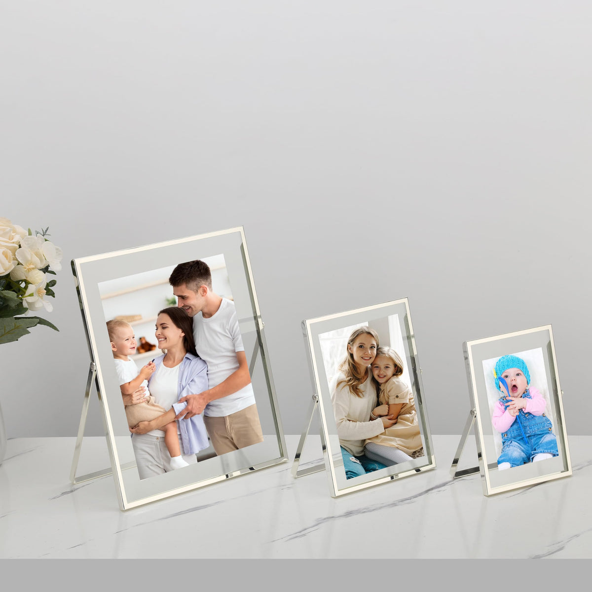 Silver 5x7'' Floating Frame Set of 2, For Photo Sizes ( 3.5x5'', 4x 6''), Silver Plated Metal Frames 5x7'' for Tabletop/Shelf Display, Classy Gift Choice for Wedding, Thanksgiving, Christmas,Birthady.