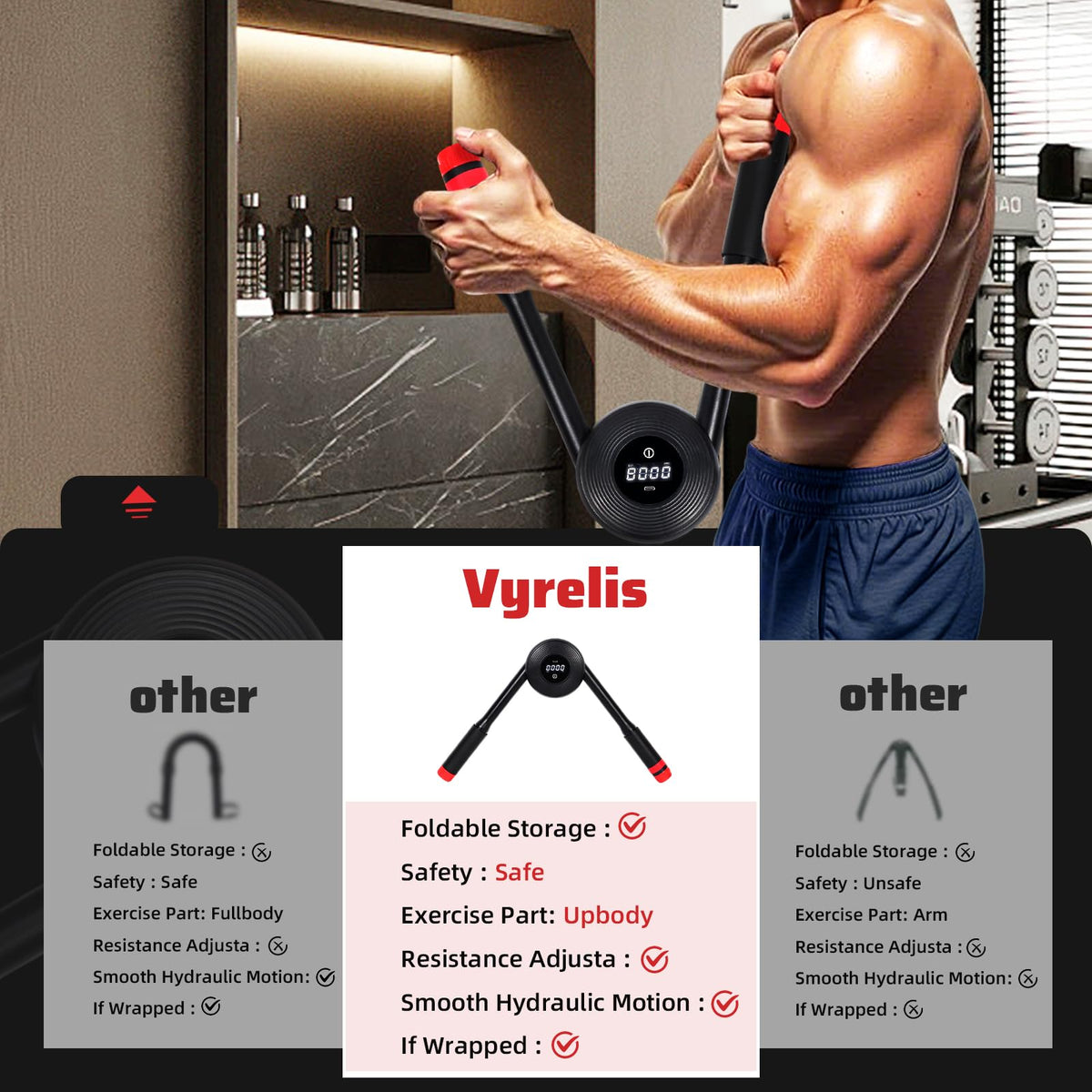 Vyrelis Hydraulic Power Twister Adjustable 22–440 lbs with Digital Display, Foldable Arm Chest Forearm Exerciser, No Snapback Safety, Portable Upper Body Strength Training Equipment (Red)