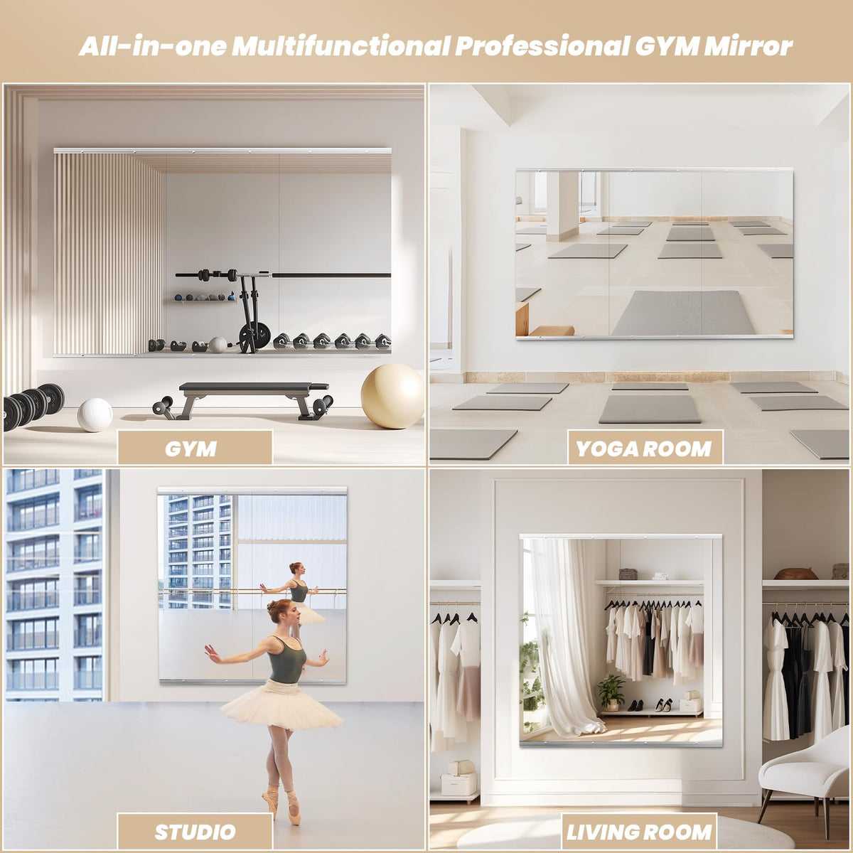 Snowdool Gym Mirror, 56''X16''(Each) -2PCS Full Body Mirror for Yoga, Garage, Dance Studio, Anti-Rust, Tempered Glass,Frameless Mirrors, Wall-Mounted Large Workout Mirrors