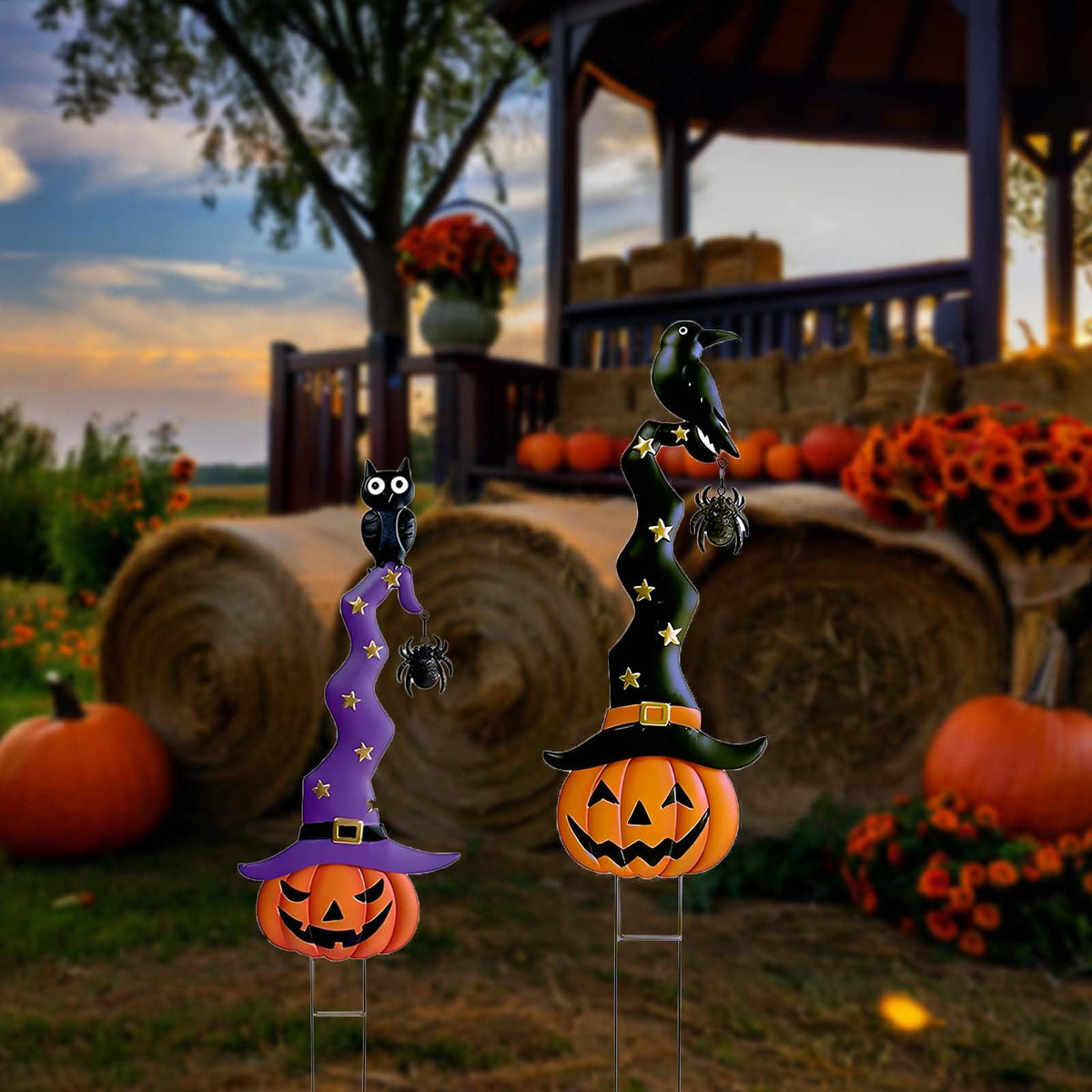 2 Pack Halloween/Thanksgiving Garden Decorations, Metal Jack-O-Lantern Stakes with Witch Hats, Scary Yard Sign Outdoor Lawn Decor, Metal Pumpkin Outdoor Halloween Yard Signs