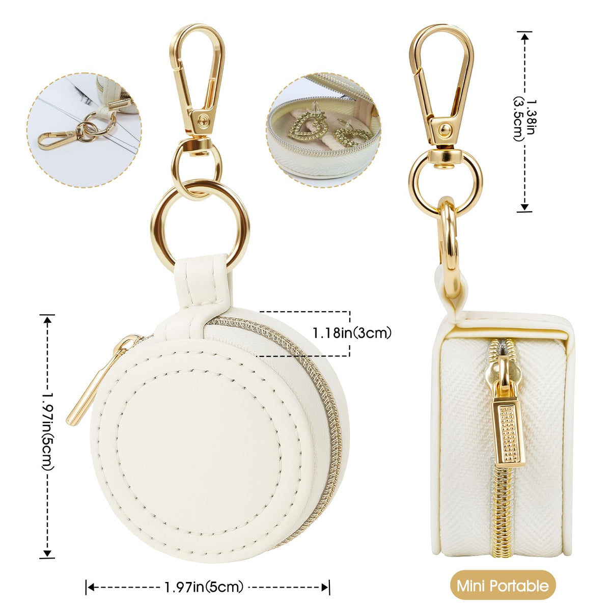 AUUTI Portable Ring Keychain Holder for Gym and Travel - White Jewelry Holder for Sports Bag, Compact Ring Earring Necklace Storage Case