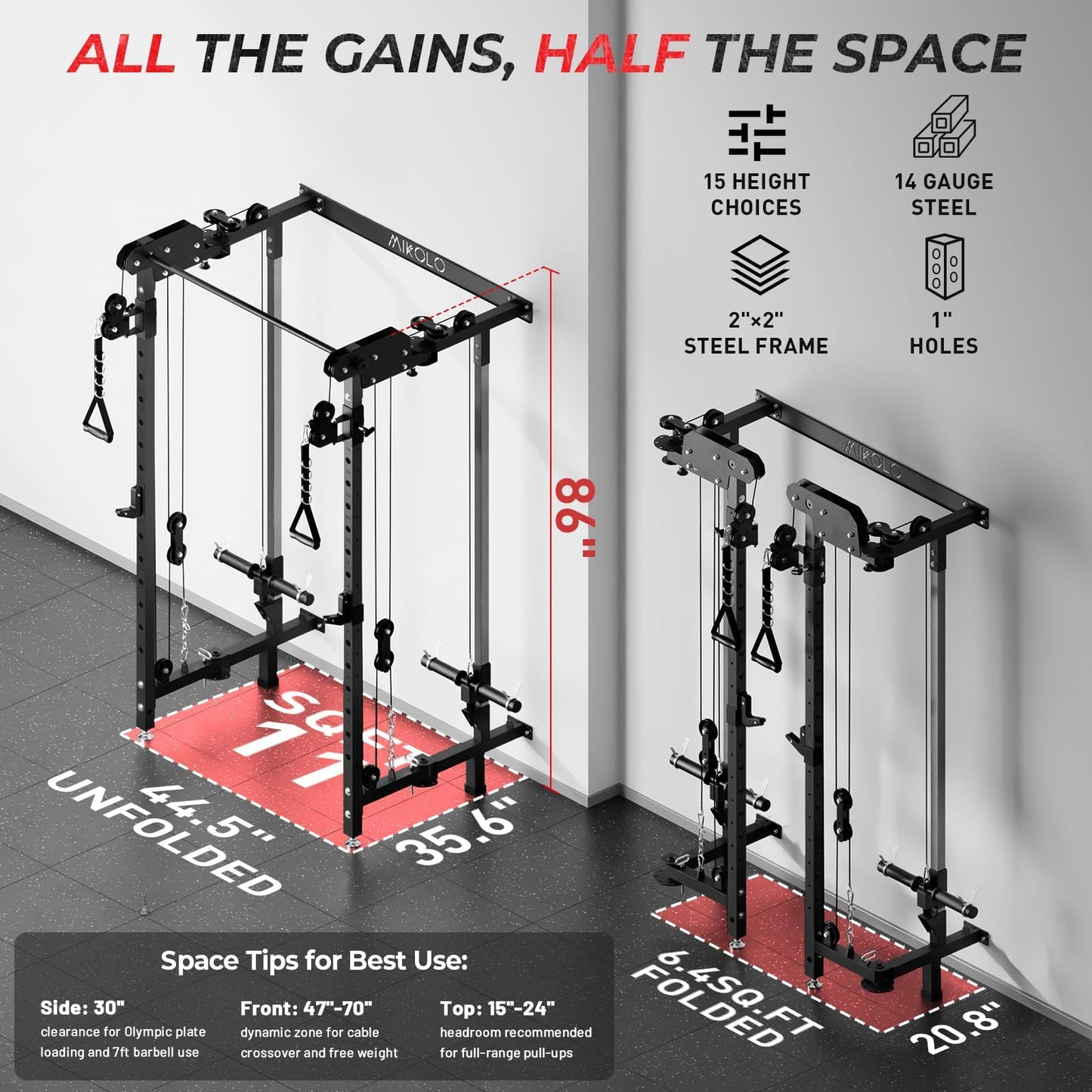 Mikolo Folding Squat Rack, Wall Mounted Power Rack with Cable Crossover Machine & LAT Pull Down, Functional Trainer with 5 Adjustable Function Modes, with Weights (Black)
