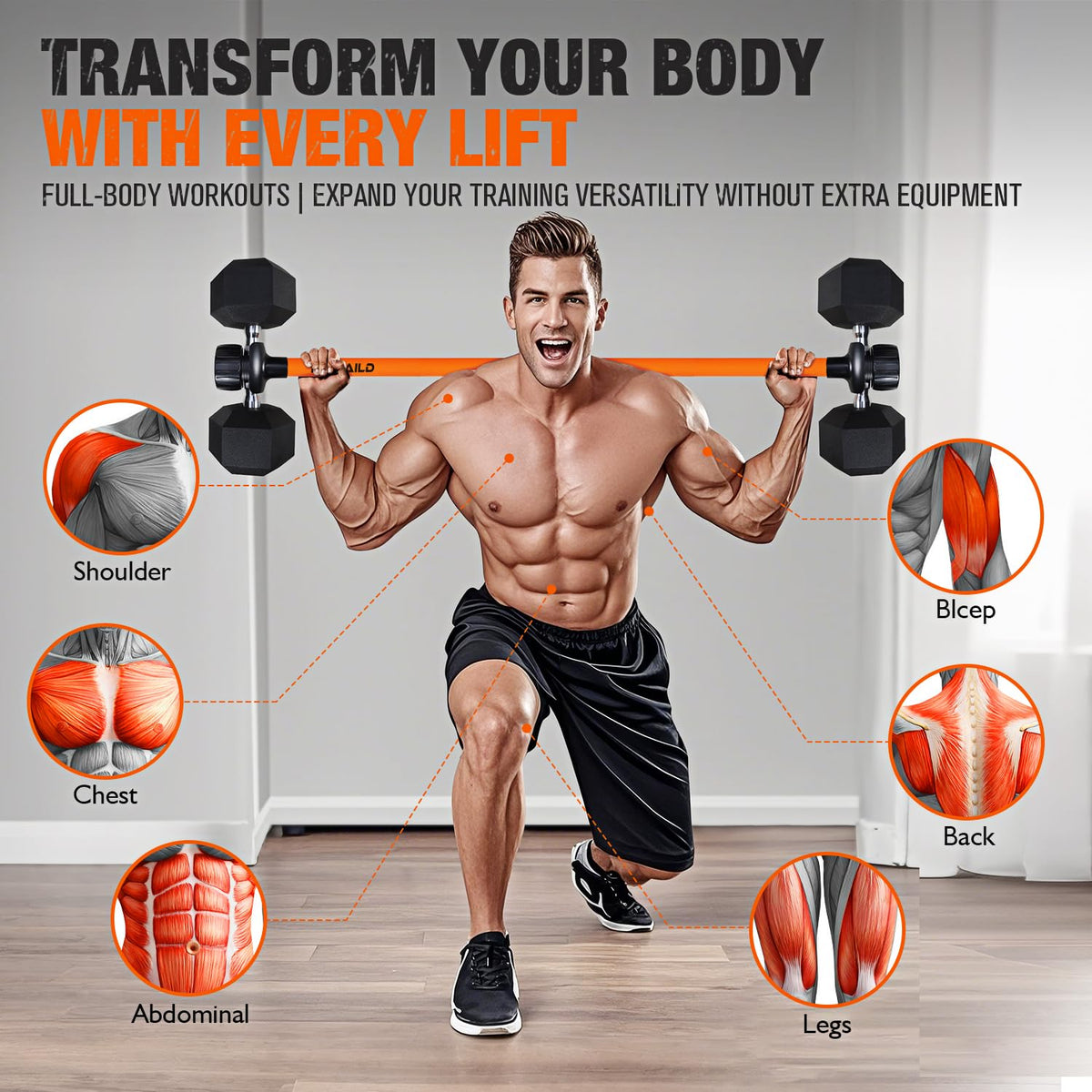 Rawaild Dumbbell Converter, Convert Dumbbells to Barbell Set, Weight Bar for Bench Presses, Squats, Hip Thrust, Deadlifts, Home Weightlifting and Strength Training, Versatile Home Gym Equipment