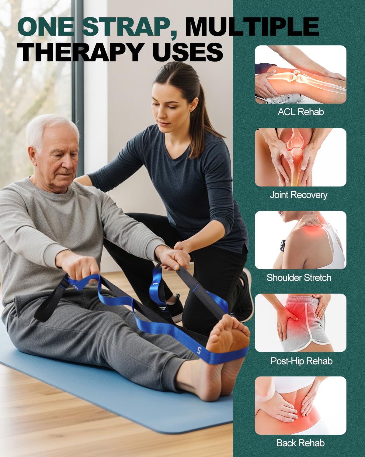 Trideer Stretching Strap for Physical Therapy, Non-Elastic Yoga Strap with 10 Loops, Durable Nylon Stretch Bands for Exercise, Pilates, Gymnastics, Leg Stretcher with Guidance