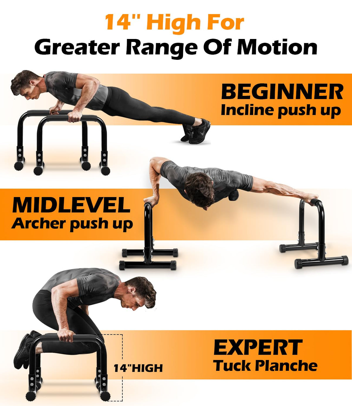 TABEKE Push Up Bar, 14'' High Steel Parallettes & Dip Bar with Full Coverage Foam Handle, Heavy-Duty Calisthenics Parallel Bars for L-Sit, Dips, Home Gym Strength Training Workout