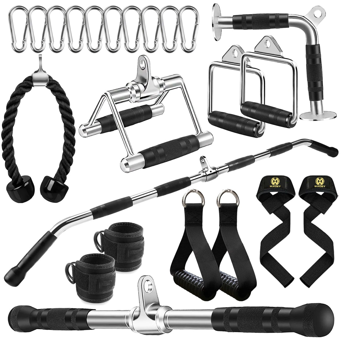 LAT Bar Cable Attachment with Rubber Handgrips, Deluxe Heavy Duty Solid Curl Bar Revolving Hanger Home Gym Cable Attachments (White Set +48 in Lat Bar)