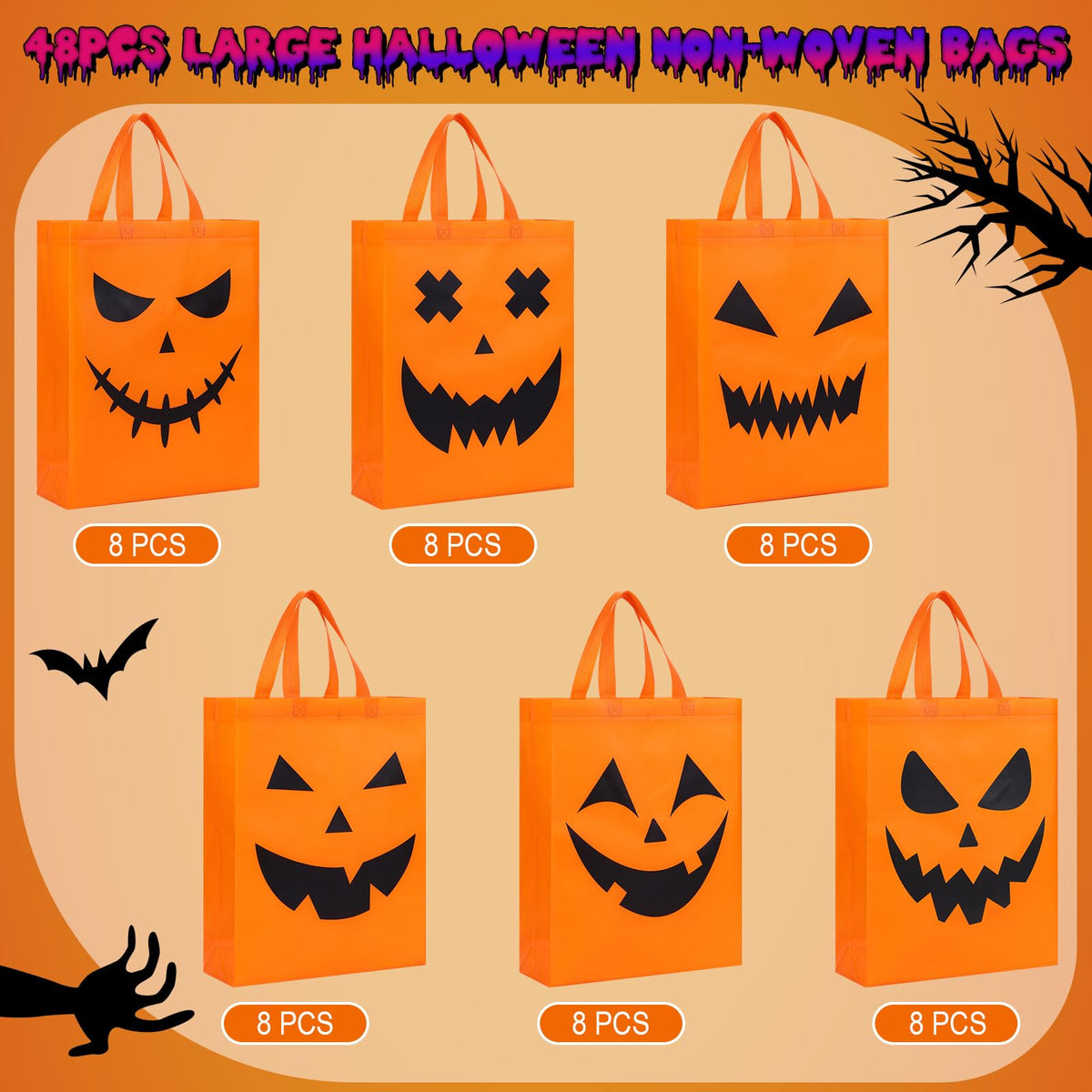 Sanwuta 48 Pcs Halloween Tote Gift Bags 14.9 x 11.8 Large Treat or Trick Pumpkin Reusable Non Woven Candy Goodies Bag for Halloween