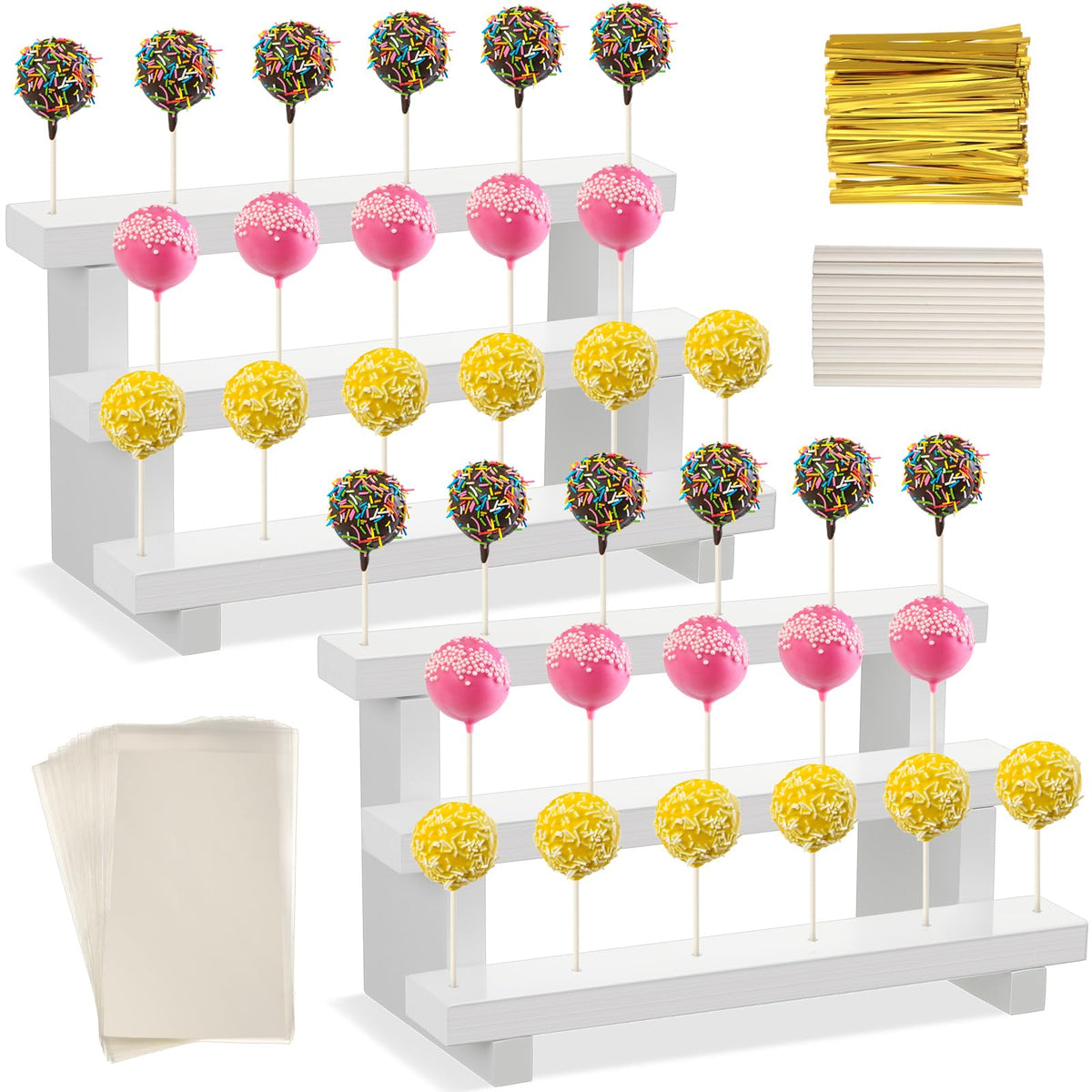 Tuanse 2 Pack Wooden Cake Pop Stand 3 Tier Cake Pop & Lollipop Display Holder with 100 Treat Bags Lollipop Sticks and Gold Twist Ties for Dessert Table Wedding Baby Shower Birthday Party(Wood)