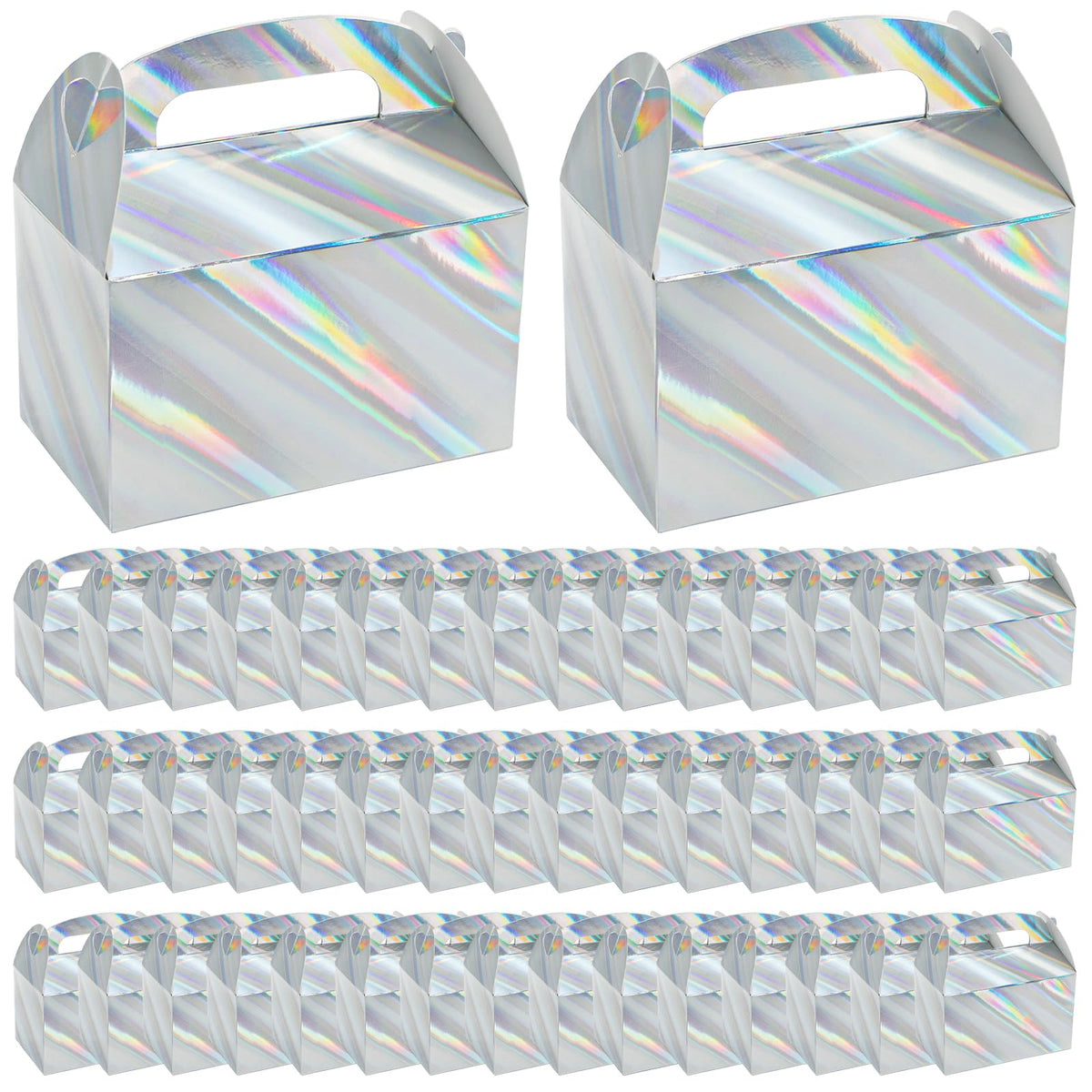 ZAVOOS 50 Pack Party Favor Boxes, 6.3 x 3.7 x 3.7 Inch Iridescent Candy Gable Boxes with Handle, Paper Goodie Gift Box Snack Cookies Containers bulk for Christmas, Wedding, Birthday