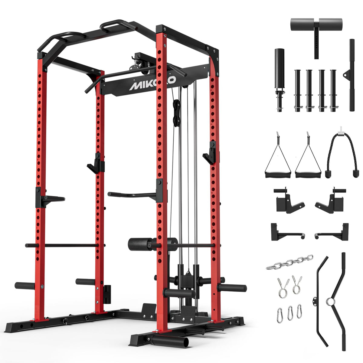Mikolo F4 2.0 Power Cage with Dual-Track Smooth Pulley System, 1200LBS Power Rack with Leg Hold-Down for Heavy LAT Pulldowns, All-in-One Squat Rack with More Training Attachments for Home Gym (Red)