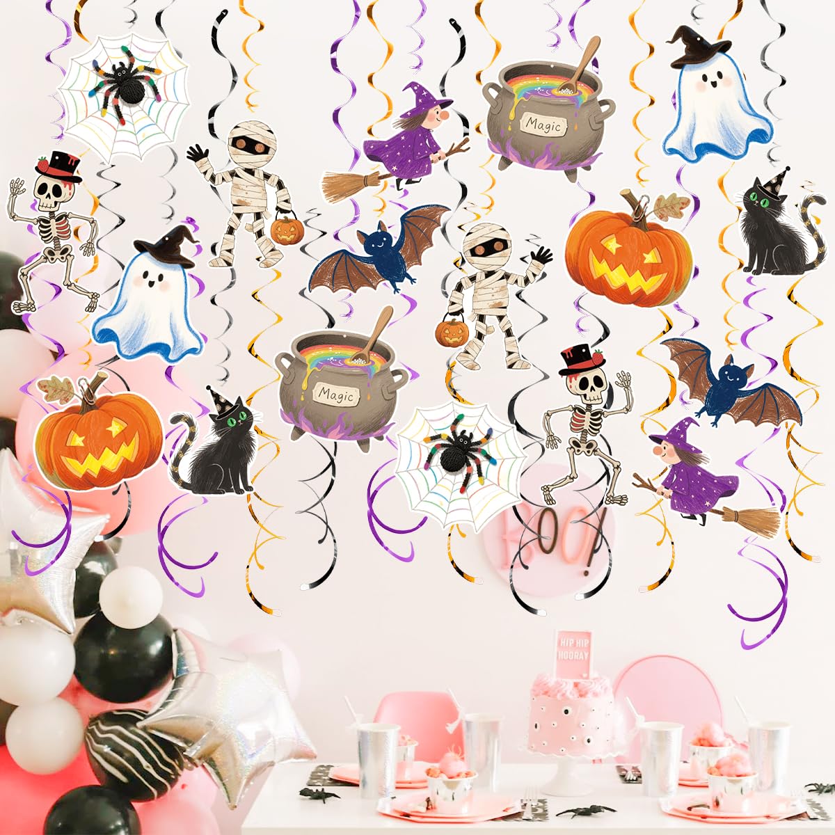 30Pcs Halloween Hanging Swirl Decorations Pre-Assembled Ceiling Streamers with Ghost Pumpkin Spider Skull Cutout Decor for Halloween Birthday Party Baby Shower Office School Home Decorations