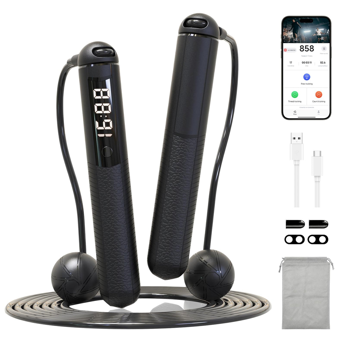 SaintCos Cordless Gravity Jump Rope, Smart Jump Rope with Counter for Gym, Fat Burning & Calorie Burn, APP Data Analysis, Home Workout Equipment for Women ＆ Men (Black)