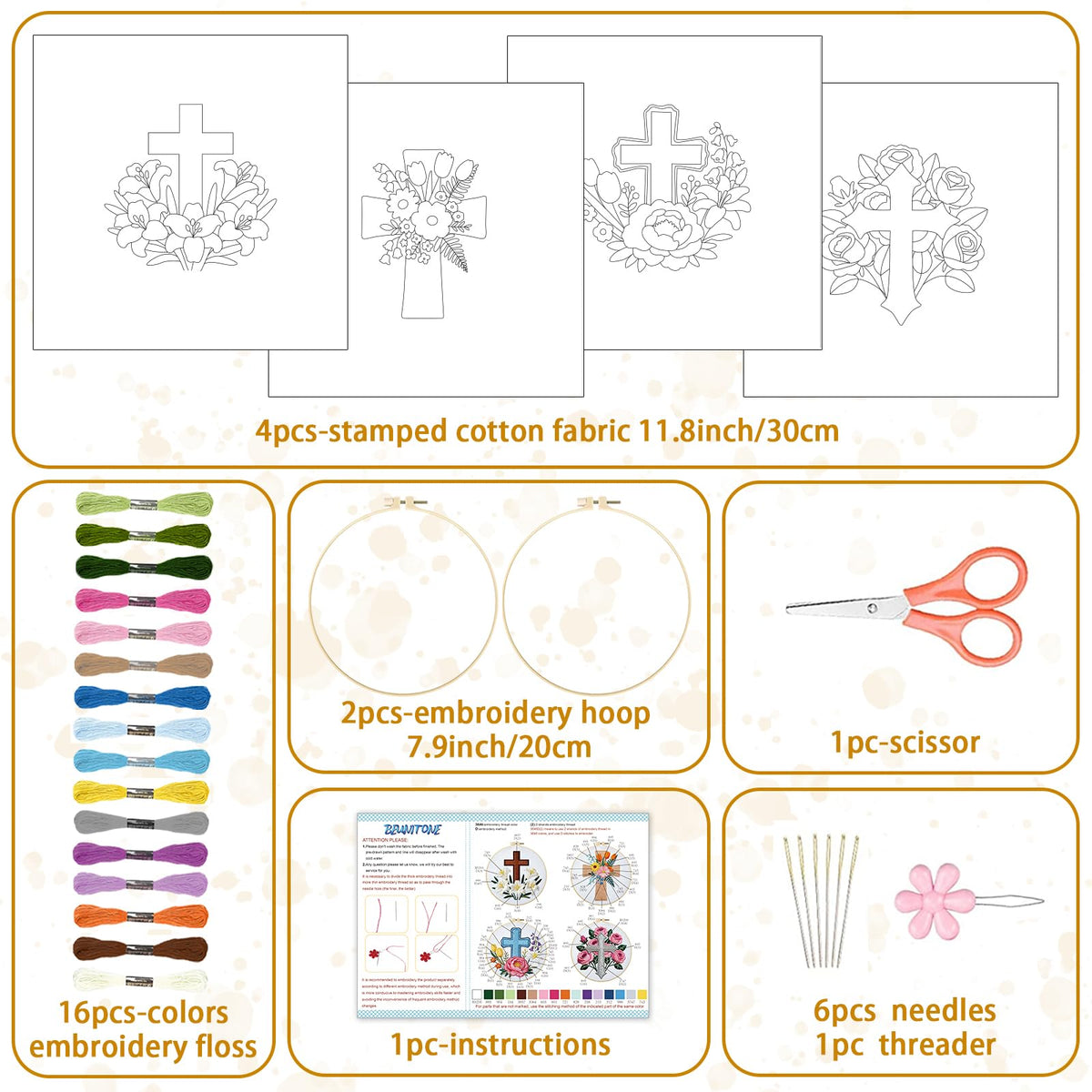 BEUNITONE Cross and Flowers Embroidery Kit for Beginners, DIY Stamped Needlepoint Craft with 4 Easy Patterns, Complete Starter Set for Relaxing Mindfulness Art and Creative Gift for Adults