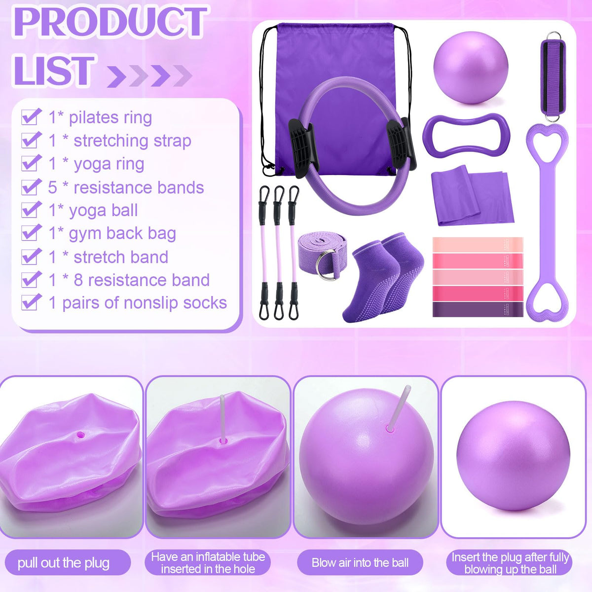 RoundFunny Pilates Ring Circle Set 18 Pcs Exercise Equipment Accessories for Women Workouts Pilates Ball Stretching Strap Magic Circle Yoga Ring Gym Back Bag Resistance Band Anti Slip Socks (Purple)