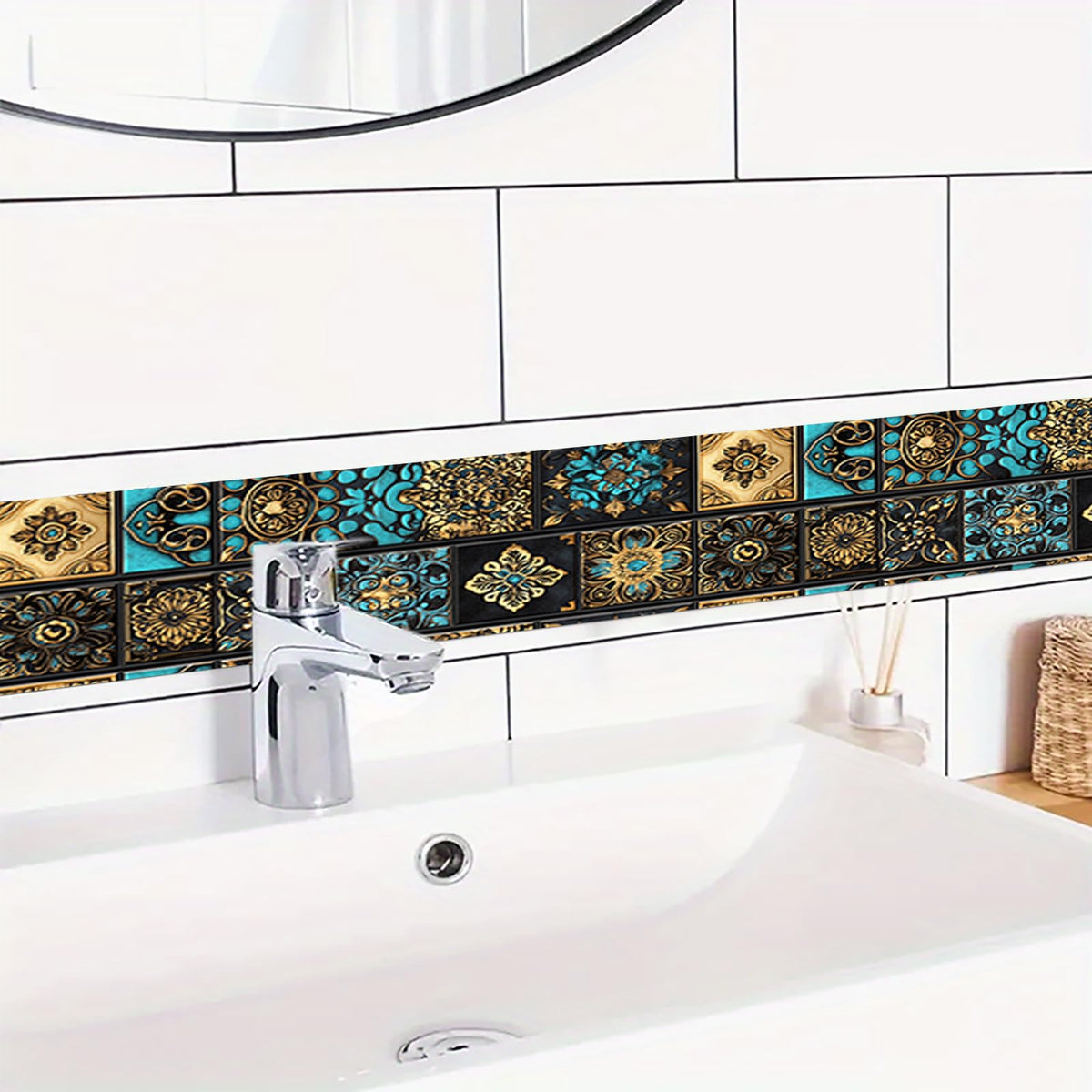 HOMETITUTE Wallpaper Border Peel and Stick Retro Mosaic Tile Wall Trim Paper Wall Decor Self Adhesive Border for Walls Mirror Frame Accent Strip for Bathroom Kitchen Living Room 4x196 Inch