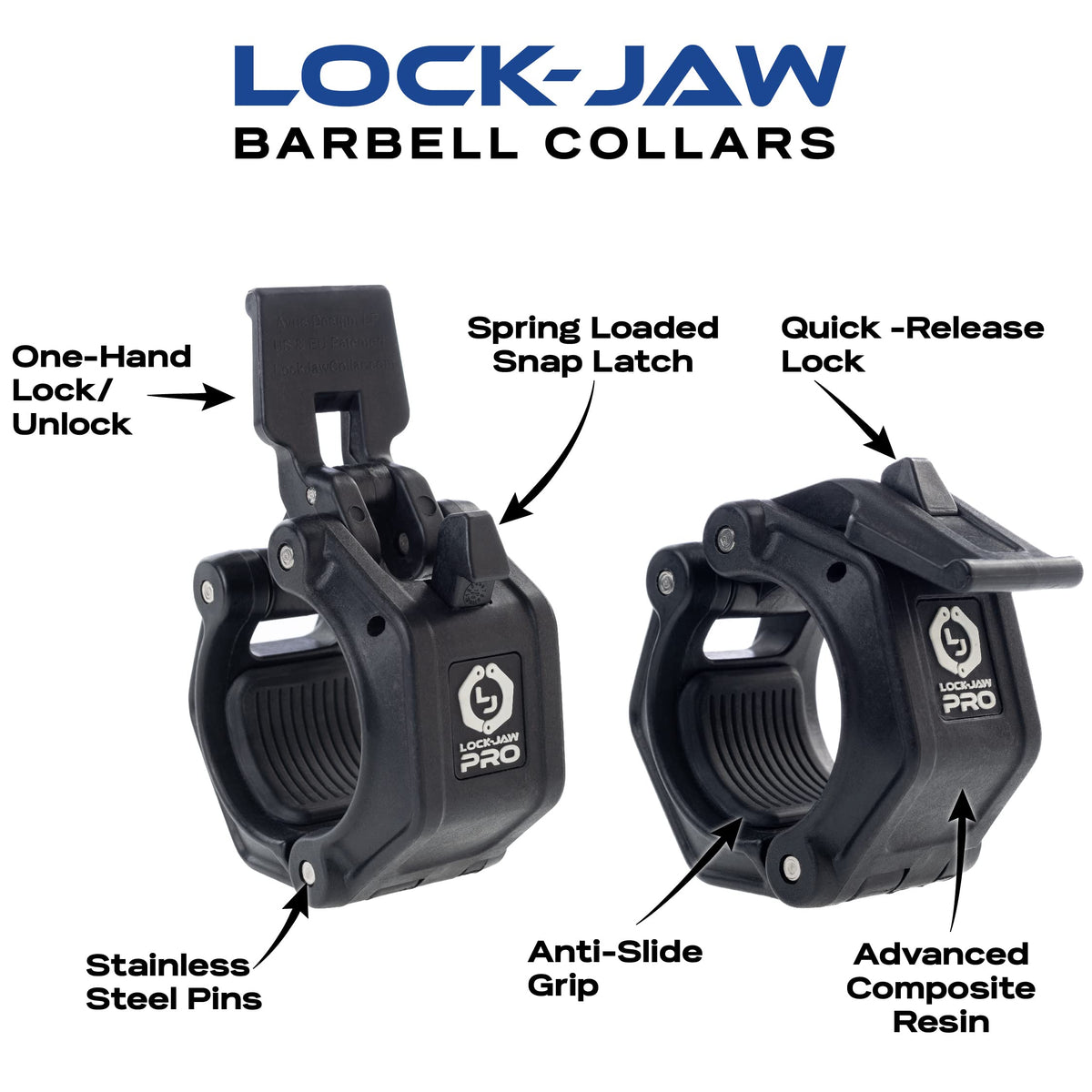 Lock-Jaw PRO 2 Barbell Collars Olympic Barbell Clamps 2 Pcs – Heavy Duty Bar Clamps for 2” & 50mm Olympic Bars – Secure Weight Bar Clamps for Strength Training & Home Gym Accessories – Blue