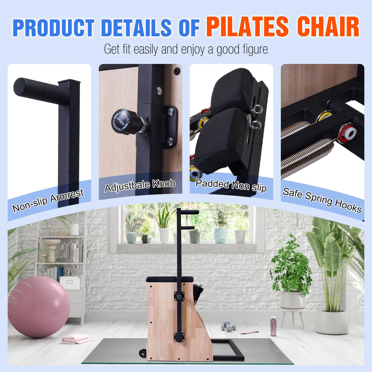 Pilates Chair Wunda Chair Pilates Combo Chair with Handles Split Pedals Reformer Machine 4-Level Resistance for Yoga Core Training Rehabilitation Includes Non-Slip Socks