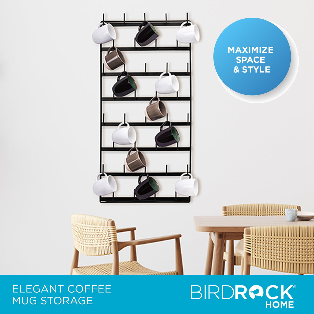 BIRDROCK HOME 36 Peg Coffee Mug Organizer Wall - 8 Tier Wall Mounted Coffee Mug Holder - Tea Cup Display Shelf Wall Mounted - Heavy Duty Decorative Kitchen Bar Organizer Flat Metal Steel Rack - Black