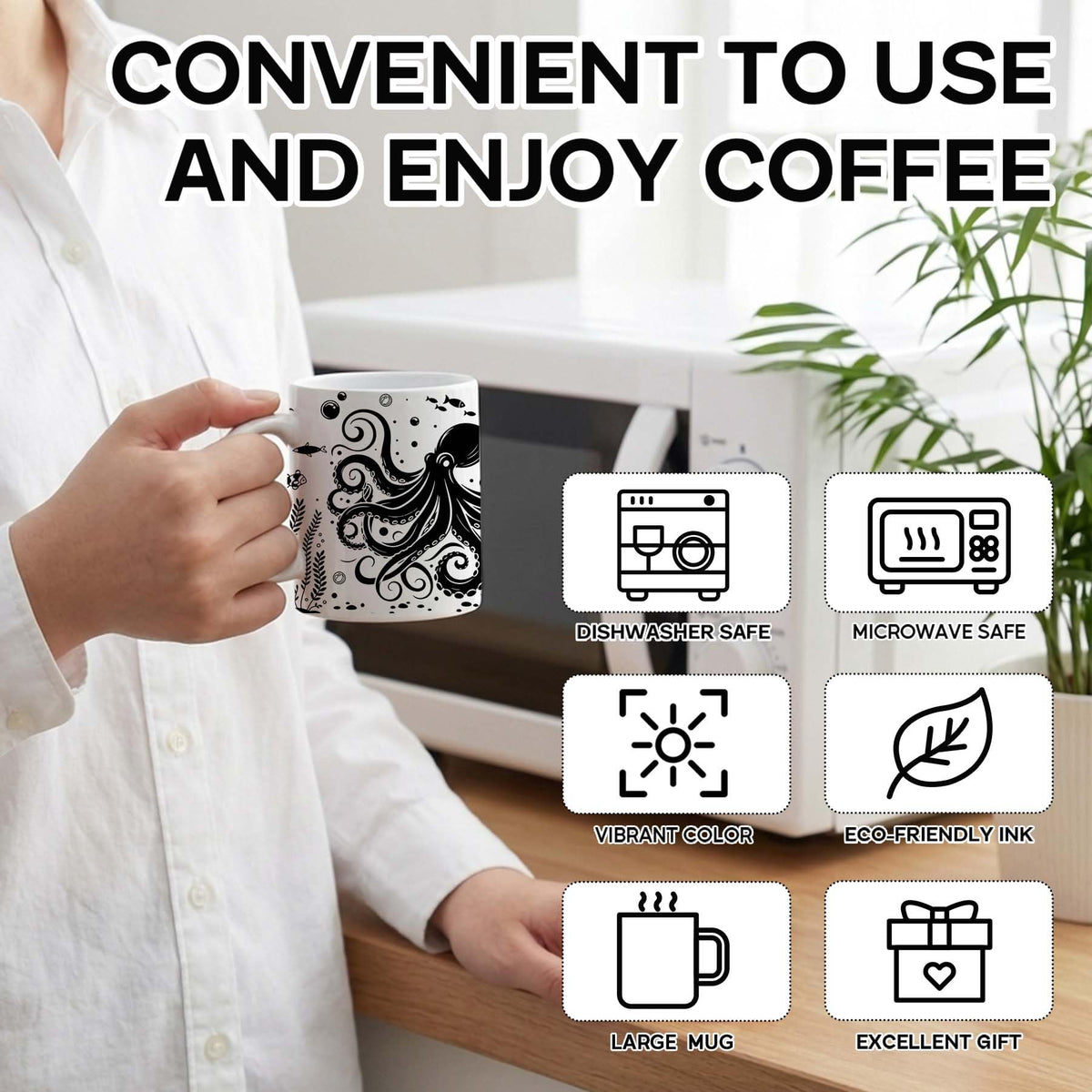 15 oz White & Black Boho Ceramic Coffee Mug with Octopus Art - Comes with a Gift Card - Unique Novelty and Cool Mugs for Men and Women, Ocean Themed Decor and Fun Gifts