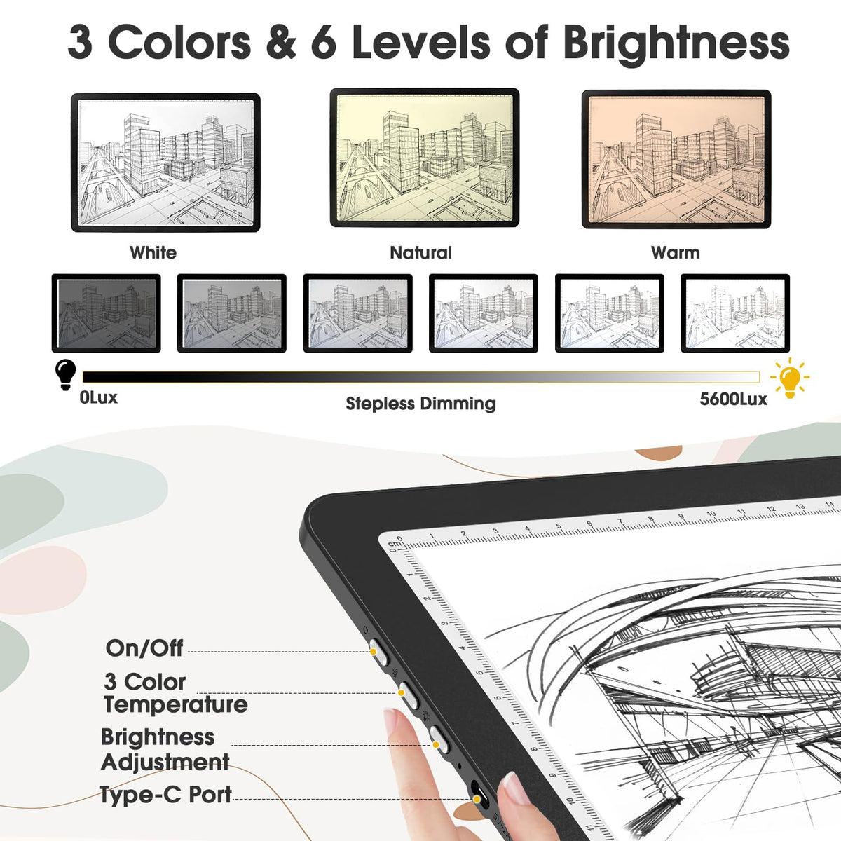 Rechargeable A3 Light Pad for Diamond Painting, High-Brightness Tracing Light Box with 6 Levels of Brightness, Side Physical Buttons & 3 Colors, Light Board for Diamond Art, Drawing, Sketching