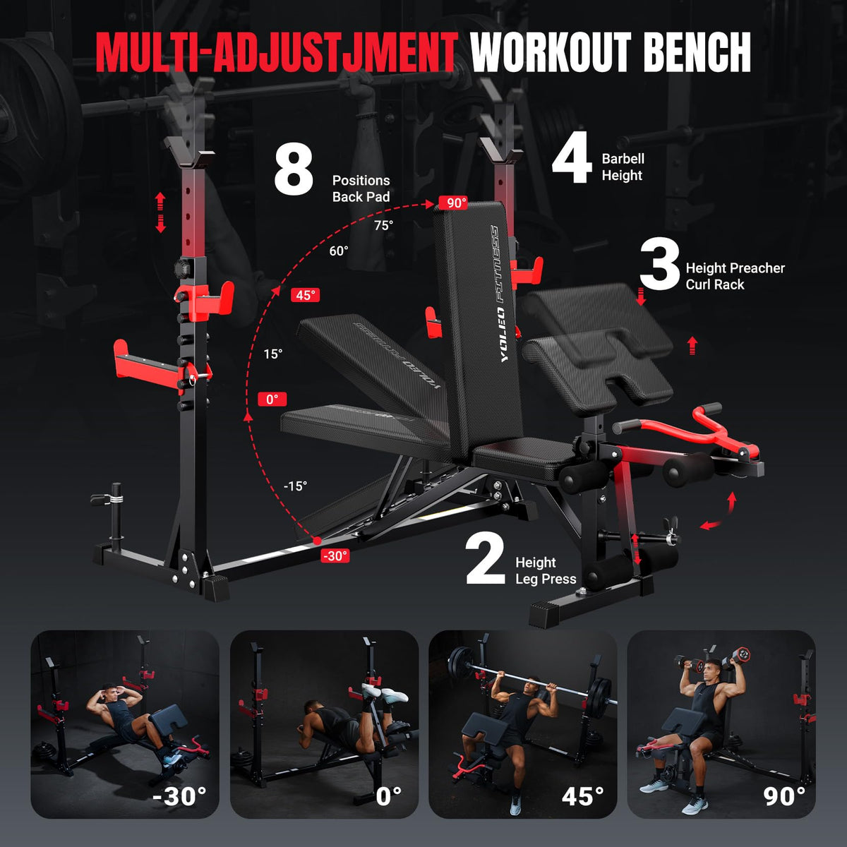 YOLEO 880LBS Weight Bench with Rack - Bench Press Set, Leg Extension, Preacher Curl & Flat/Incline/Decline Full Body Workout Bench, Adjustable Olympic Weight Benches for Home Gym(47.44IN WIDE GRIP) (1*Dumbbell+47.44“ Wide Grip)