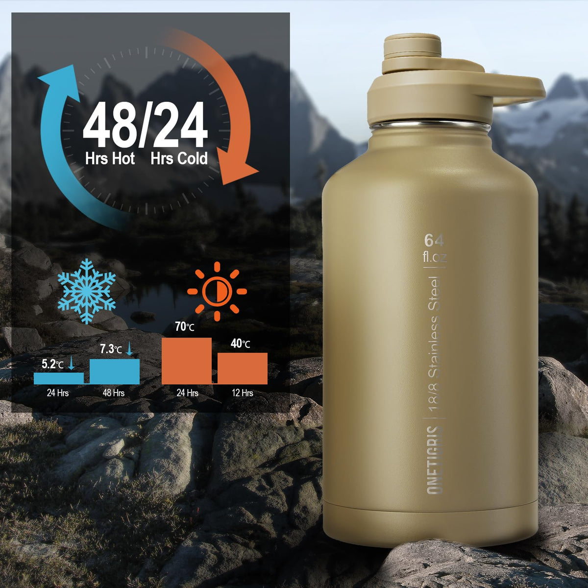 ONETIGRIS Tactical Half Gallon Water Bottle with Straw - 64 oz Vacuum Insulated Stainless Steel Water Jug, Leakproof Sport Bottle with 3 BPA Free Lids, Paracord Handle & MOLLE Water Pouch for Outdoor