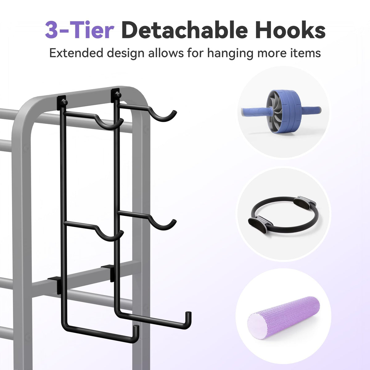 Josmimic 3-Tier Heavy-Duty Home Gym Storage Rack with Hooks and Smooth Wheels for Workout Gear