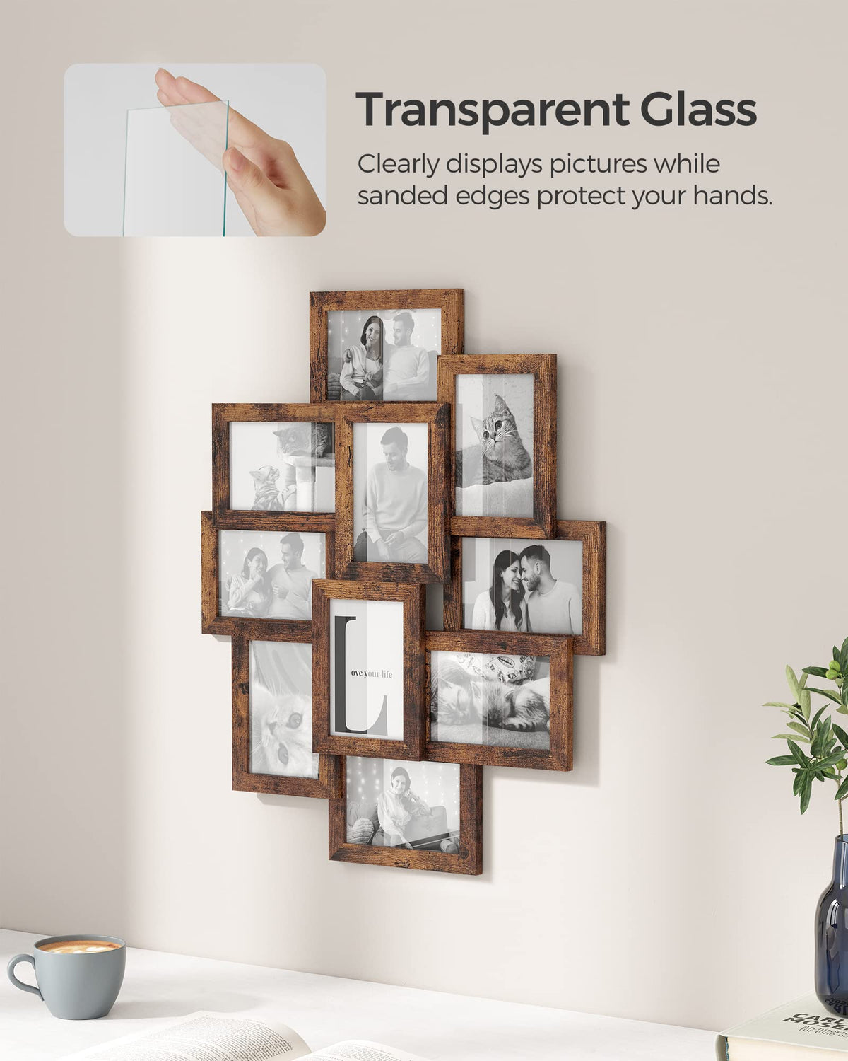 SONGMICS 4x6 Collage Picture Frames, 10-Pack Photo Collage Frame for Wall Decor, Glass Front, Assembly Required, Rustic Brown URPF020X02