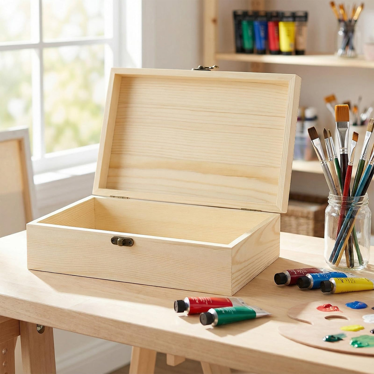 YAUFWUA 4 Pack Unfinished Wooden Boxes,9.8x6x3.14 Inch Wood Box with Hinged Lid Rectangle Wooden Storage Box Lot for Crafts, Jewelry