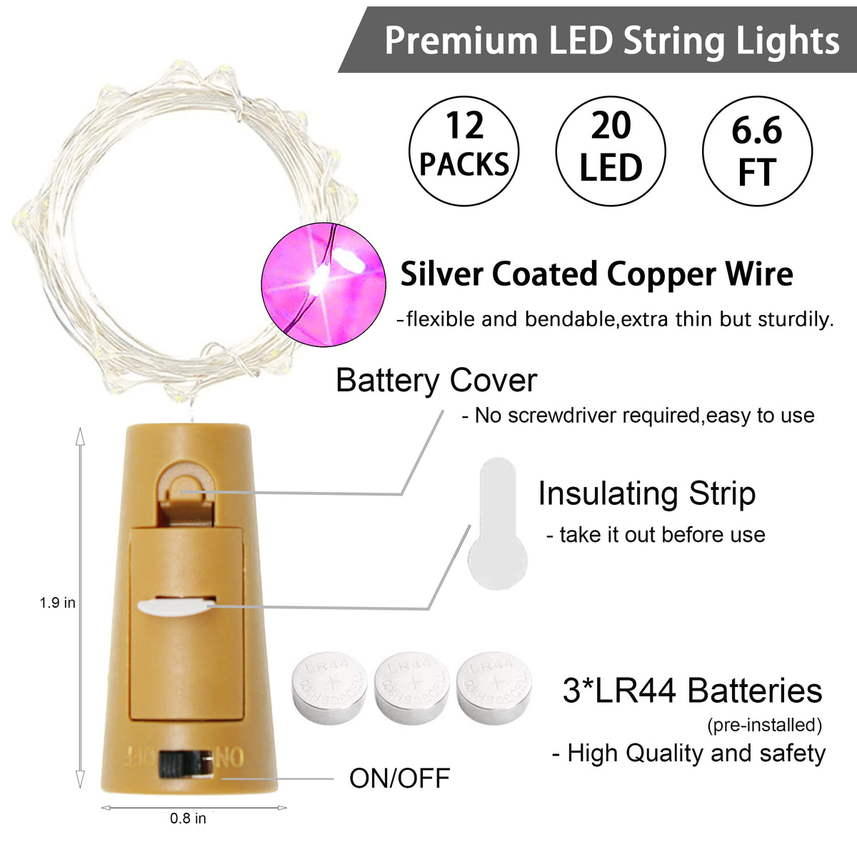 SmilingTown 12 Packs 20 LED Wine Bottle Lights with Cork - Silver Wire Fairy String Lights Battery Operated Cork Lights for Wine Liquor Bottle,Halloween,Christmas,Birthday,Wedding Party Decor(Purple)