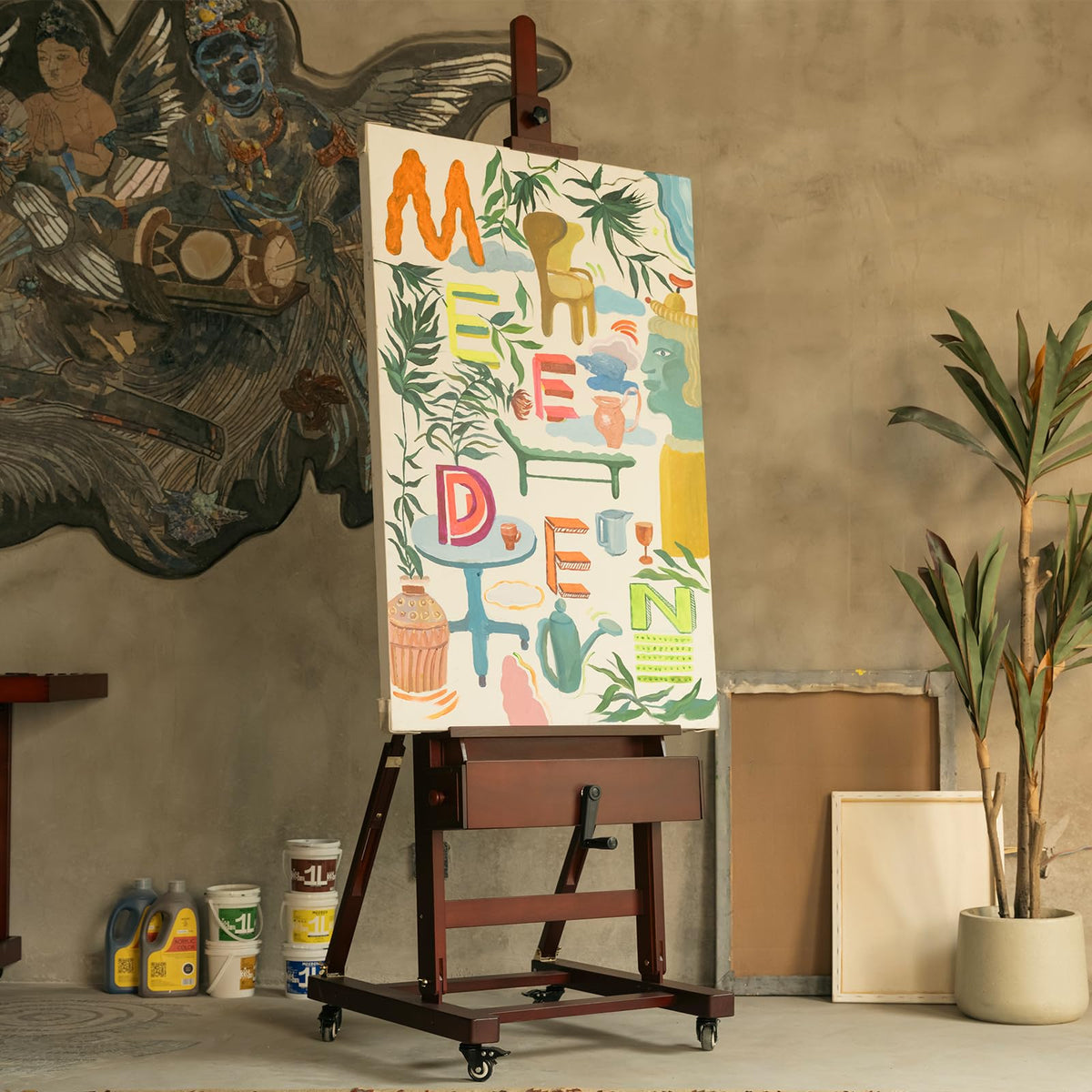 MEEDEN Extra-Large Art Painting Easel - Professional Artist Crank With Height Adjustable 71" to 98" - Heavy Duty Beech Wood Studio H Frame Stand for Painting Canvas up to 83"