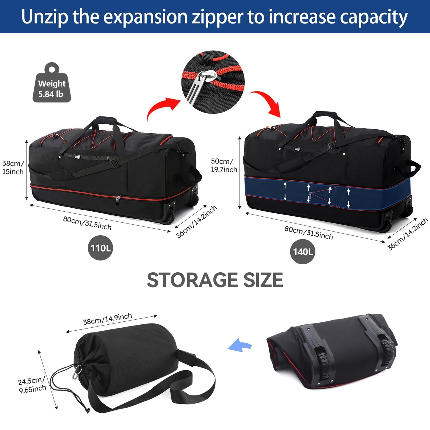 Morthanabag 32” 1680D Oxford Foldable Duffle Bag with 2 Wheels,110L to 140L Expandable Soft Sided Rolling Travel Bag,Black-red
