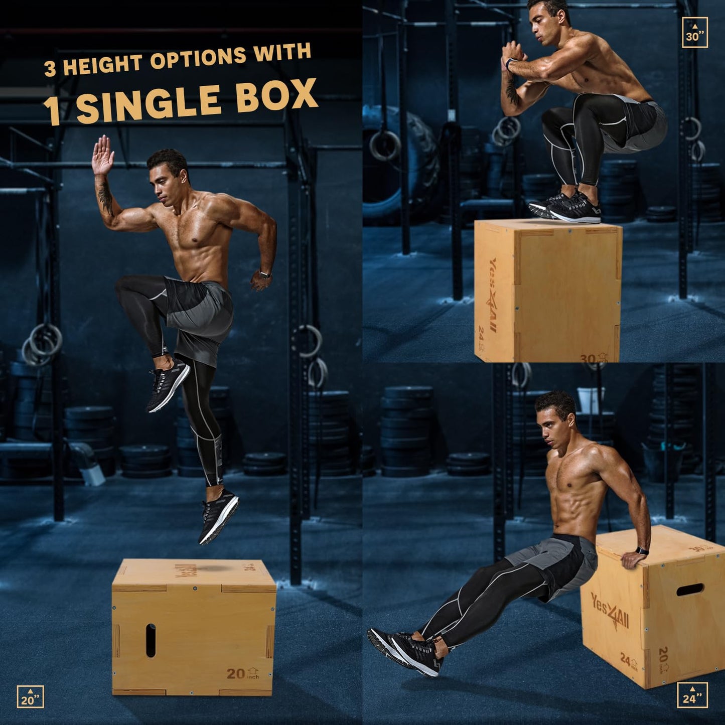 Yes4All Plyo Box, 3-in-1 Wooden Box Jumps for Home Gym, 450 lbs, Step Up with Smooth Edges & Wide Built-in Handles for Jumping, Strength Training, Lunges, Squats, Dips, Natural Wood