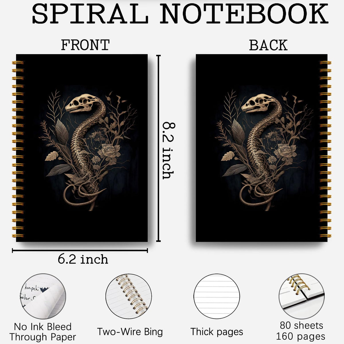 Guymn Snake Skull Spiral Journal Notebook - Goth Golden Snake Head Skeleton Notebook 5.5×8.3, Snake Gifts Spiral Notebook Journal with 164 Pages, Punk Dark Witchy Gifts