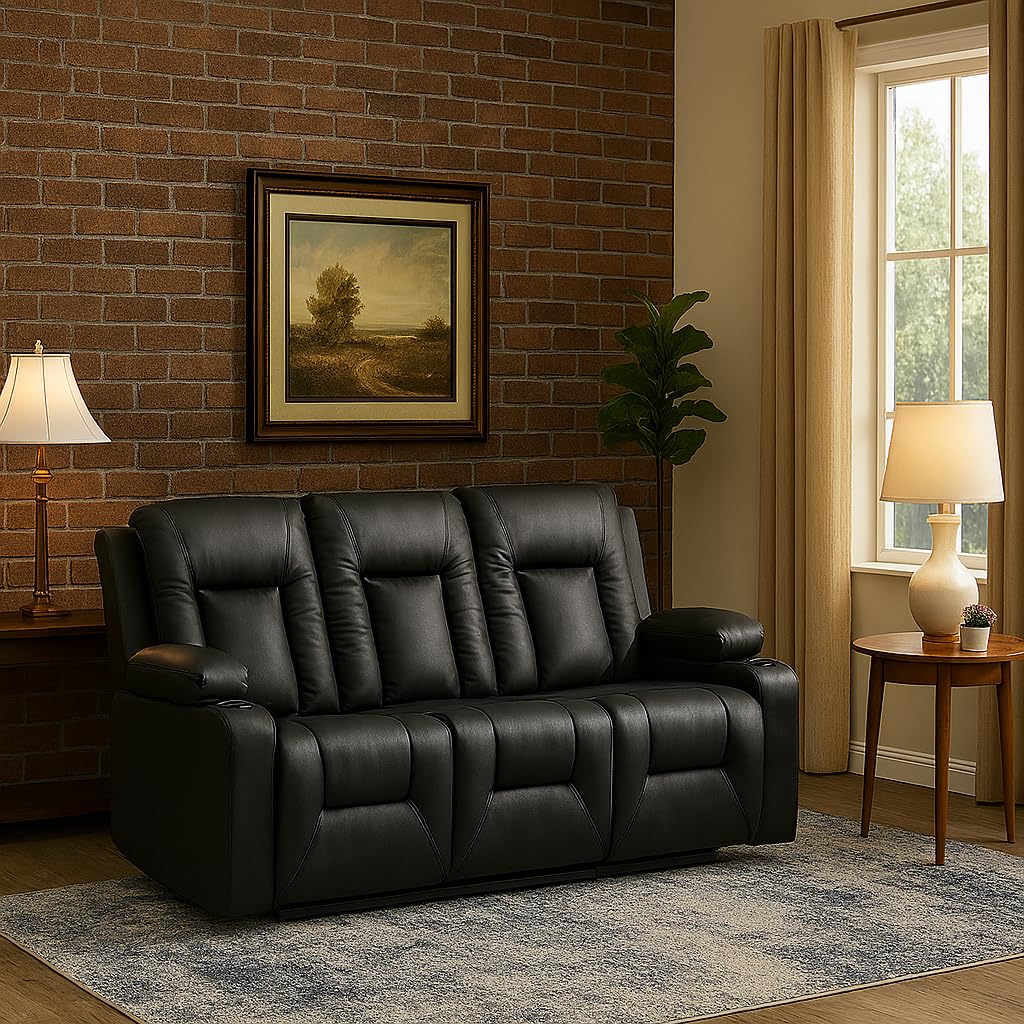 LUCKLIFE Leather Recliner Sofa Set with Manual Recliners,Living Room Furniture Set with Reclining Couch,Loveseat and Armchair,Living Room Chair with Cup Holders,Black (3)