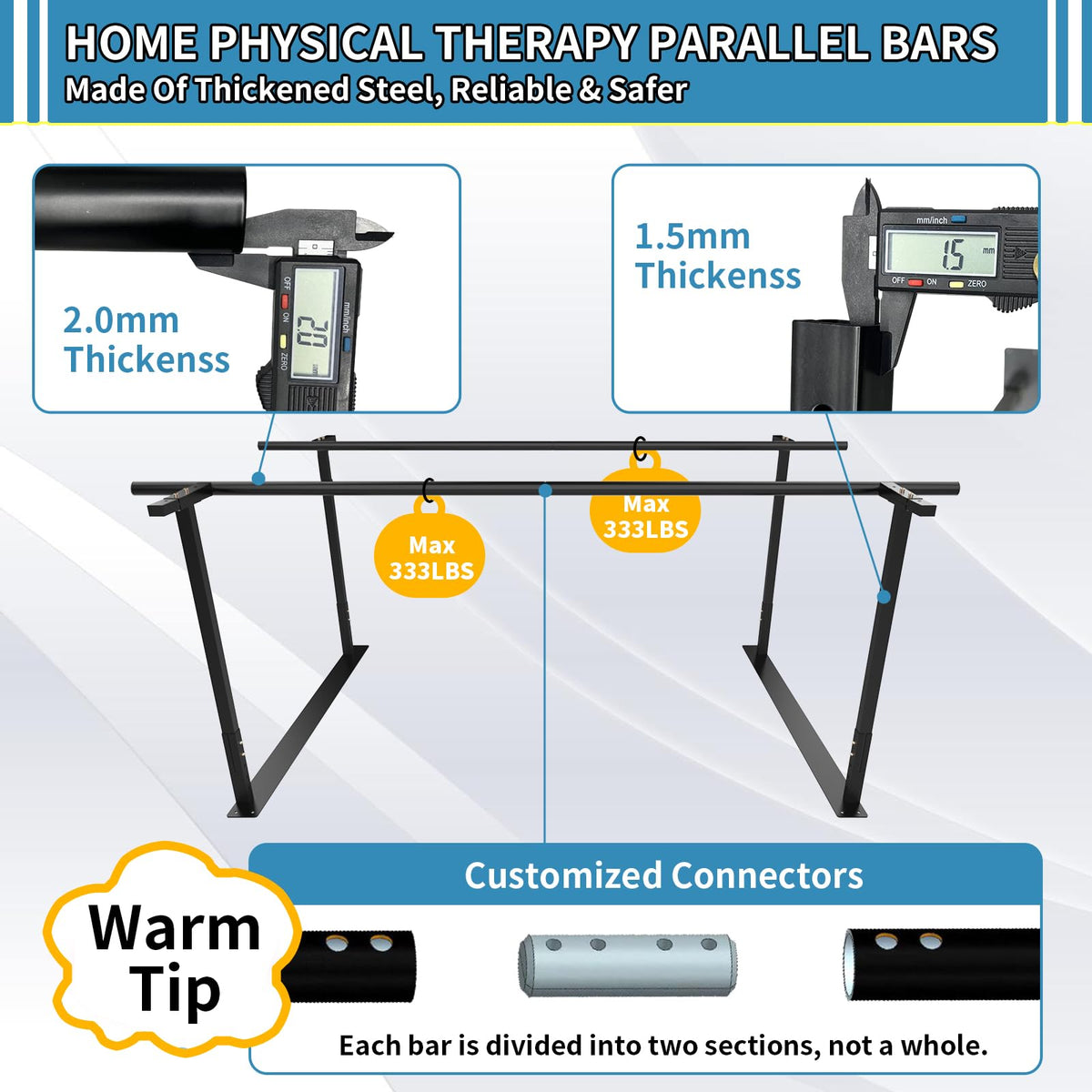 Physical therapy parallel bars, Walking assist bar for rehab & walking balance issues, Adjustable height & width (6FT)
