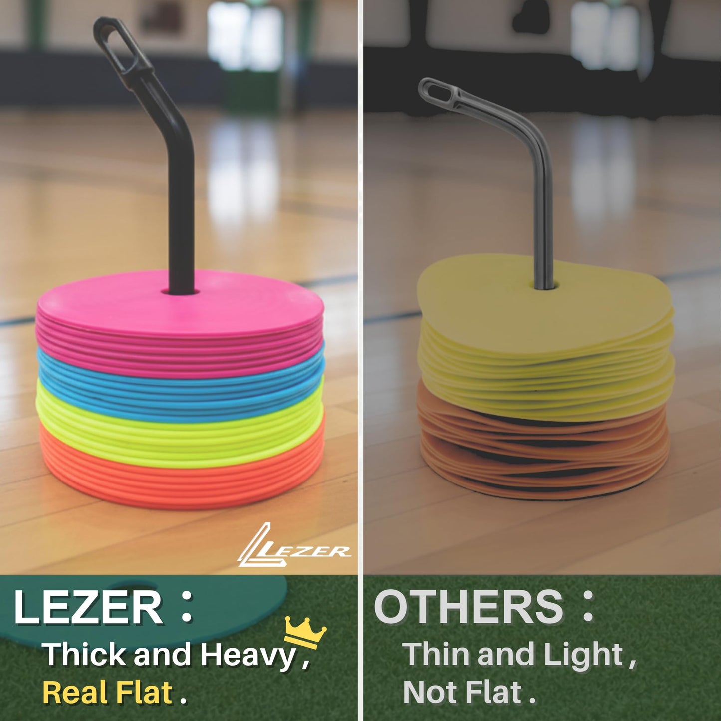 LEZER 6 Inch Flat Cones, Spot Markers, Soccer Cones, Field Court Markers, Sit Spots, Flat Discs, Soccer Training Equipment, Agility Practice, Football, Made in Taiwan, Set of 24