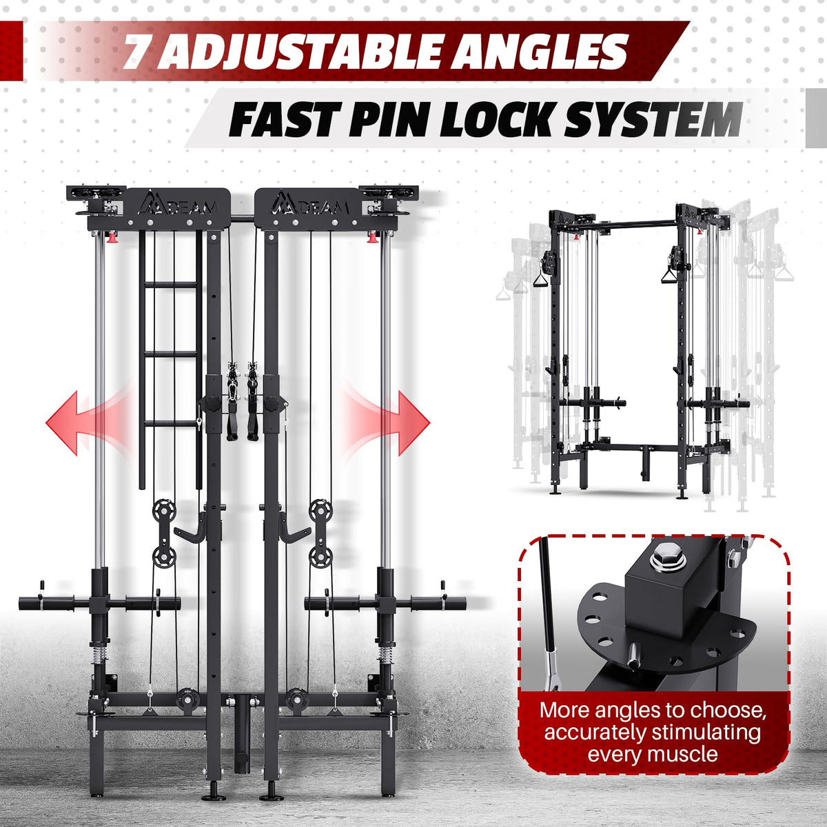 Folding Squat Rack, Wall Mounted Power Rack with Cable Crossover Machine & LAT Pull Down Multi-Function Space-Saving Power Cage with 7 Adjustable Modes/Dual Pulley System/Pull-up Bar/360°Landmine