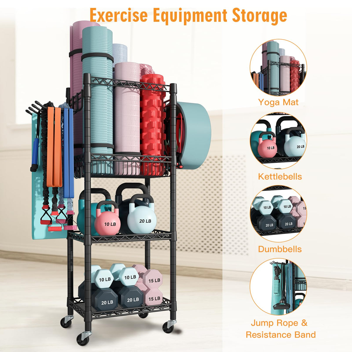 FUTASSI S1 Home Gym Storage, 3-Tier Workout Equipment Organizer with Wheels for Yoga Mats, Foam Roller, Dumbbells, Kettlebells, and Resistance Bands, 47.2" H x 27.1" L x 11.8" D, Black
