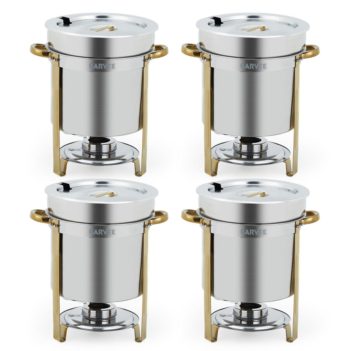 GarveeHome 11QT Round Soup Chafer Sets of 4, Commercial Soup Warmer with Pot, Notched Lids & Fuel Holders, Stainless Steel Food Warmer for Buffets Parties Wedding Banquets Catering, Gold