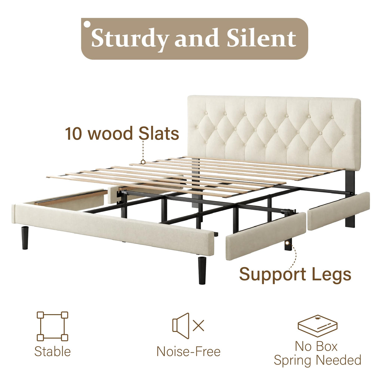 CXVX King Size Bed Frame with Upholstered Headboard, Button Tufted Design, Strong Wooden Slats, No Box Spring Needed, Easy Assembly, Noise Free