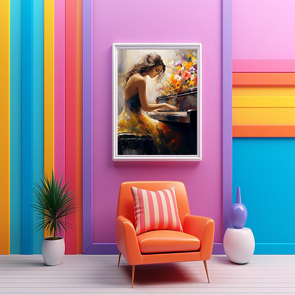 Woman Playing Piano with Flowers Diamond Painting, Aesthetic Piano Diamond Painting Kits, 5D DIY Diamond Painting Kits for Adults Diamond Art, for Room Home Wall Decor Gift 12x16 inch