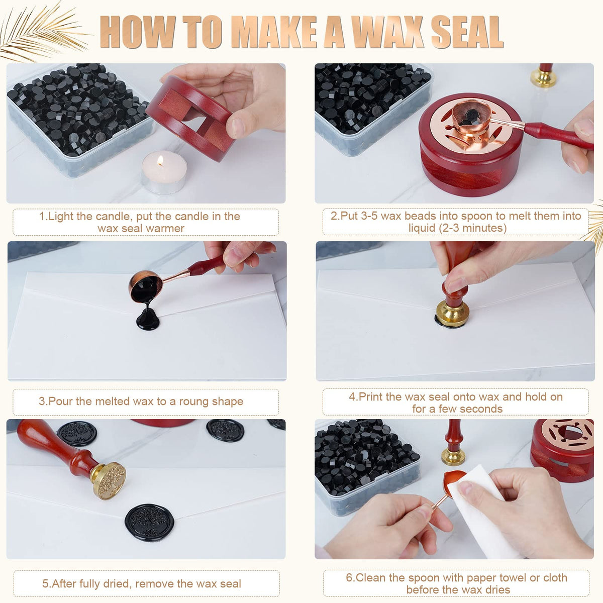 Yagugu Wax Seal Stamp Kit - 357Pc Set with Wax Beads, Stamp, Warmer, Spoon, Candles for Vintage Envelopes & Letters (Black)