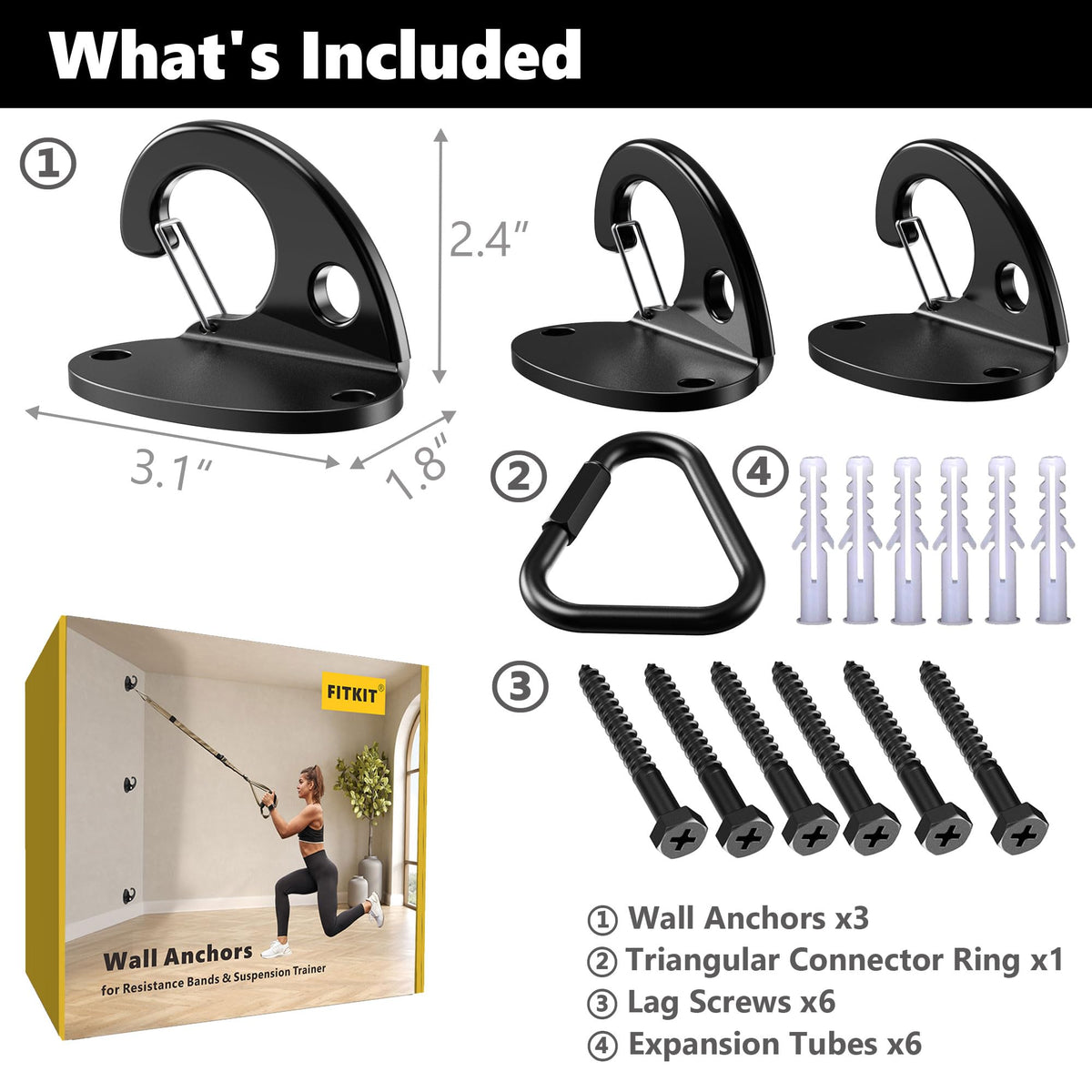 FITKIT 3-Pack Wall Mount Anchor Kit for Resistance Bands, No-Weld Design for Home Gym, Suspension Straps & Physical Therapy