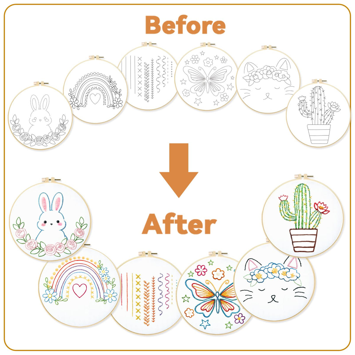BEUNITONE Embroidery Kit with 6 Easy Patterns, Simple Cross Stitch Starter Set for Absolute Beginners, Cute Animal Rainbow Butterfly DIY Craft Activity