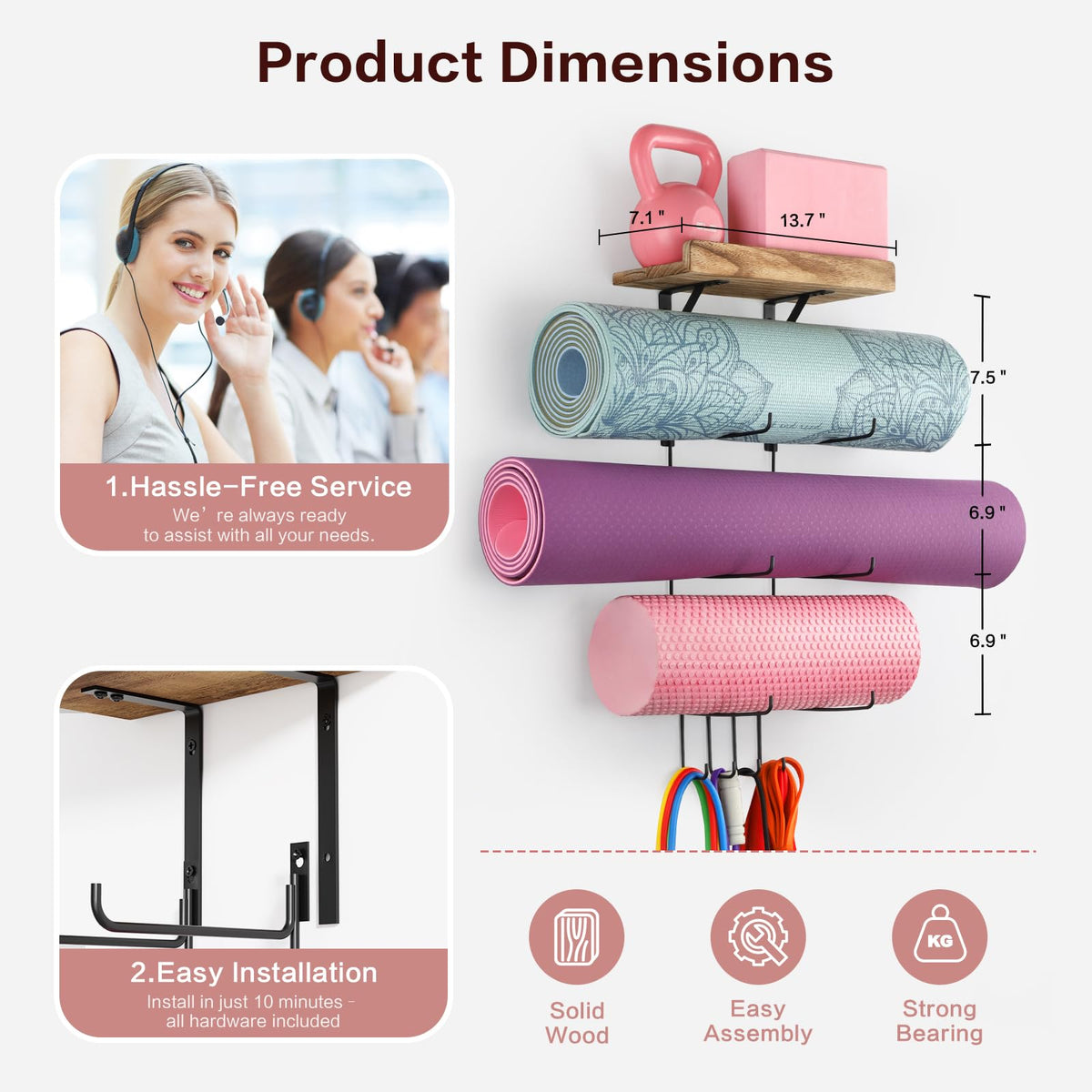 VINAEMO Yoga Mat Holder Accessories Wall Mount Organizer Storage Decor Foam Roller and Towel Storage Rack with 4 Hooks and Wooden Shelves Yoga Mats Rack Resistance Bands for Home Gym School Office